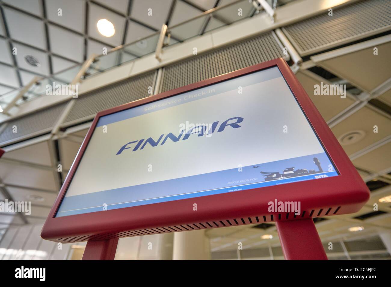 MUNICH, GERMANY - CIRCA JANUARY, 2020: Finnair sign seen at self ...