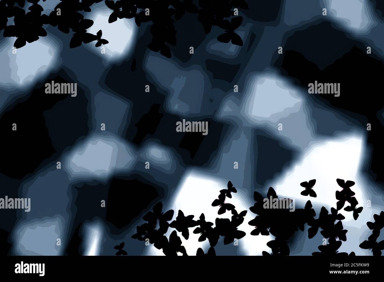 Moody, dark background graphic with black butterflies, concept for contrast, light and dark, black and white, contrasting moods, opposites Stock Photo