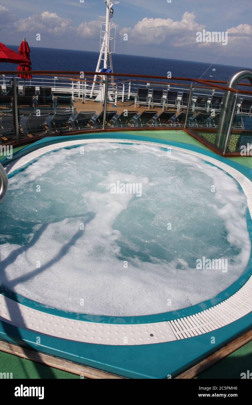 Hot whirl tub on cruise ship, relax in the warm bubbles. Stock Photo