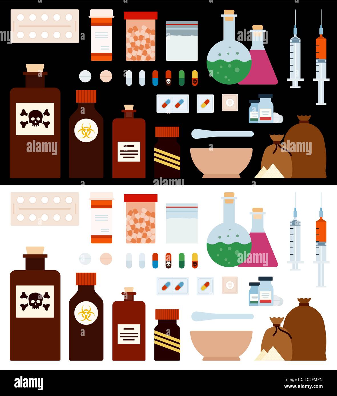 Medicine and Drugs Set vector flat icons. Isolated on white and black Stock Vector