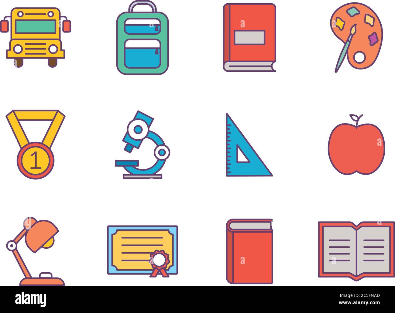 School line and fill style icon set design, education class lesson ...