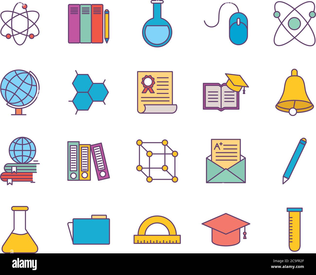 School line and fill style icon set design, education class lesson ...