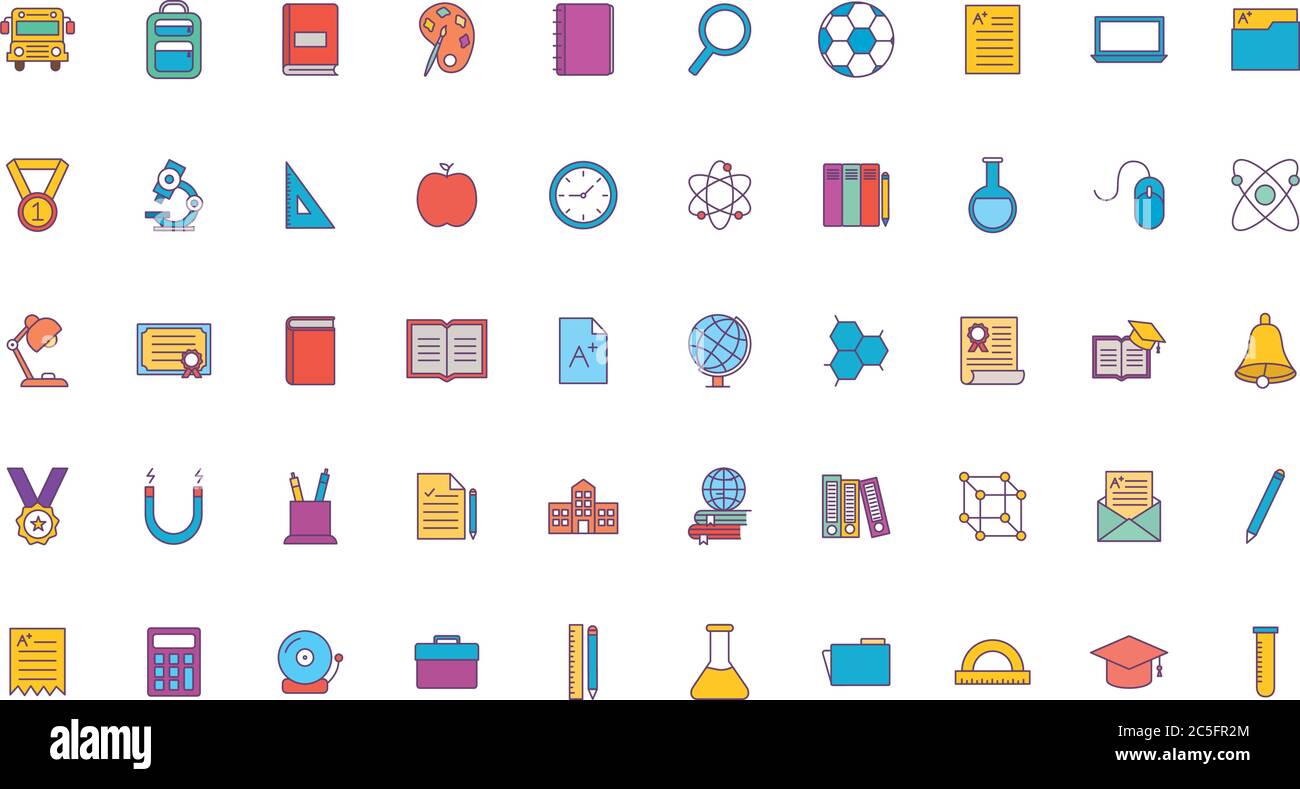School line and fill style icon set design, education class lesson ...
