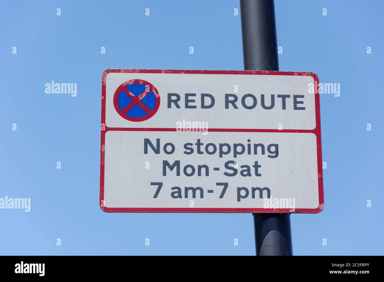Red Route No stopping sign, Roehampton Lane, Roehampton, London Borough of Wandsworth, Greater London, England, United Kingdom Stock Photo