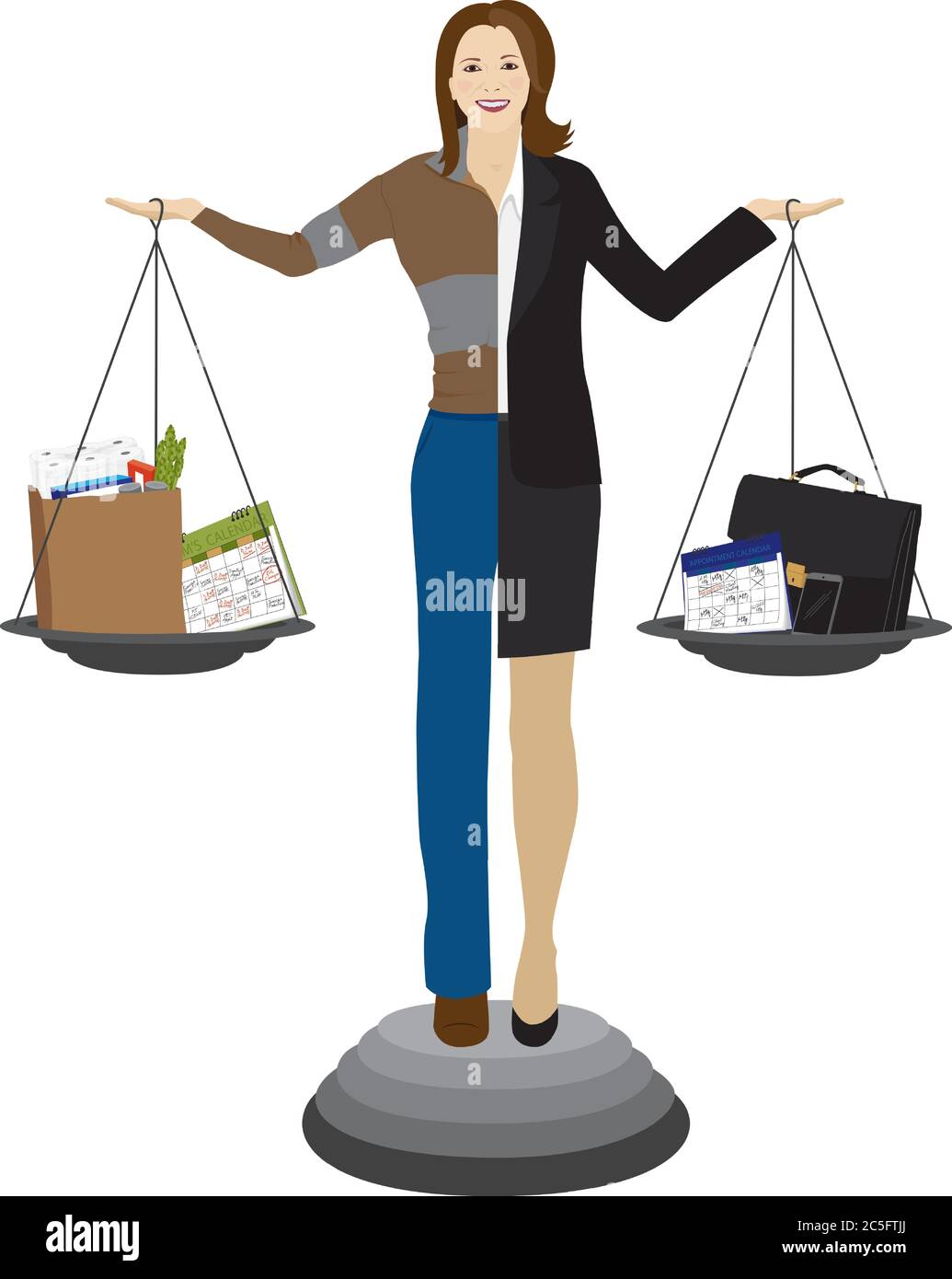 A woman shown dressed half casually and half for business, posed like a scale of justice holding balance scales indicating home and kids vs. work. Stock Vector