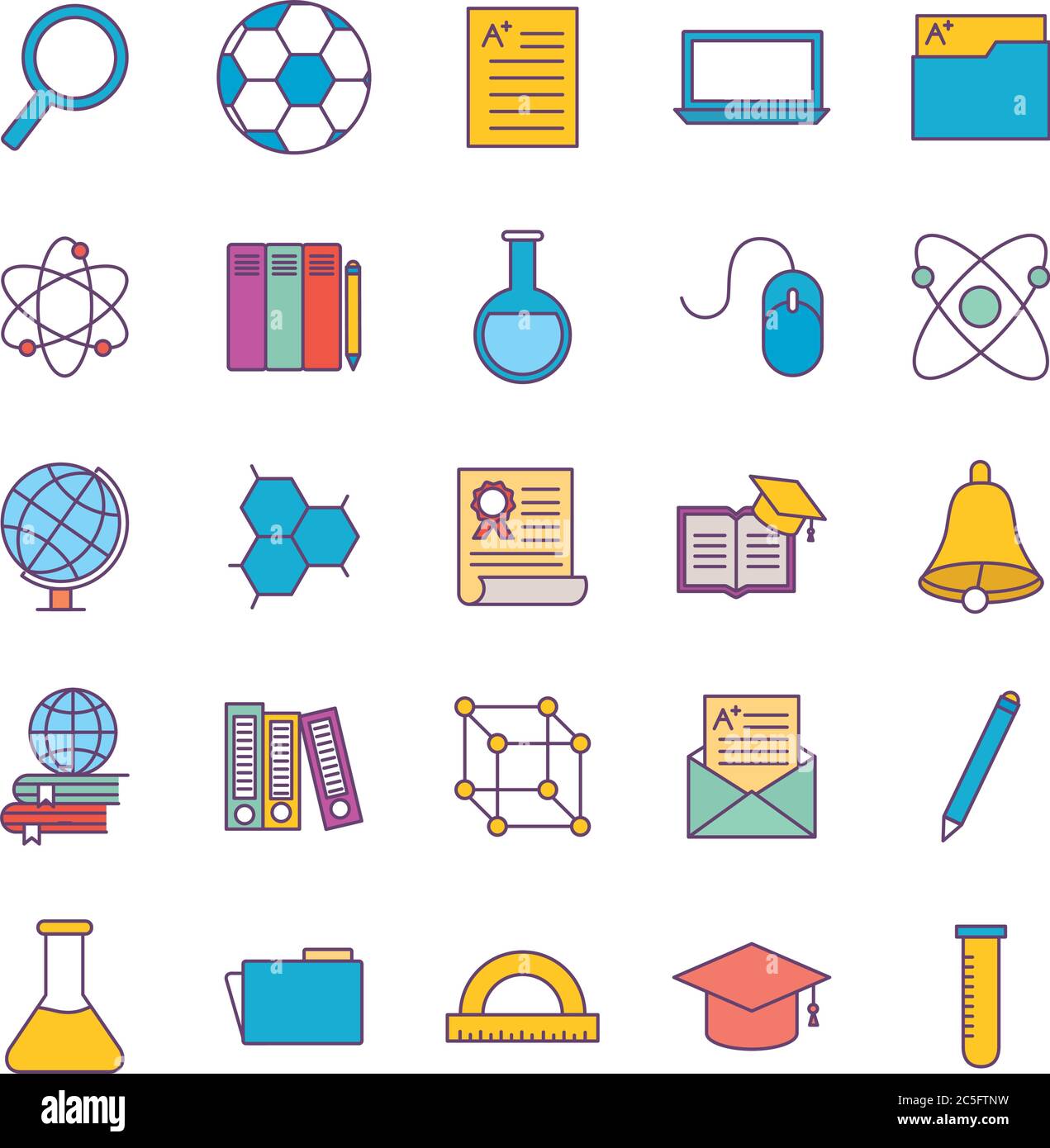 School line and fill style icon set design, education class lesson ...