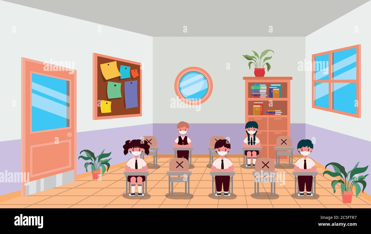 Kids In Classroom With Masks Stock Vector Images Alamy