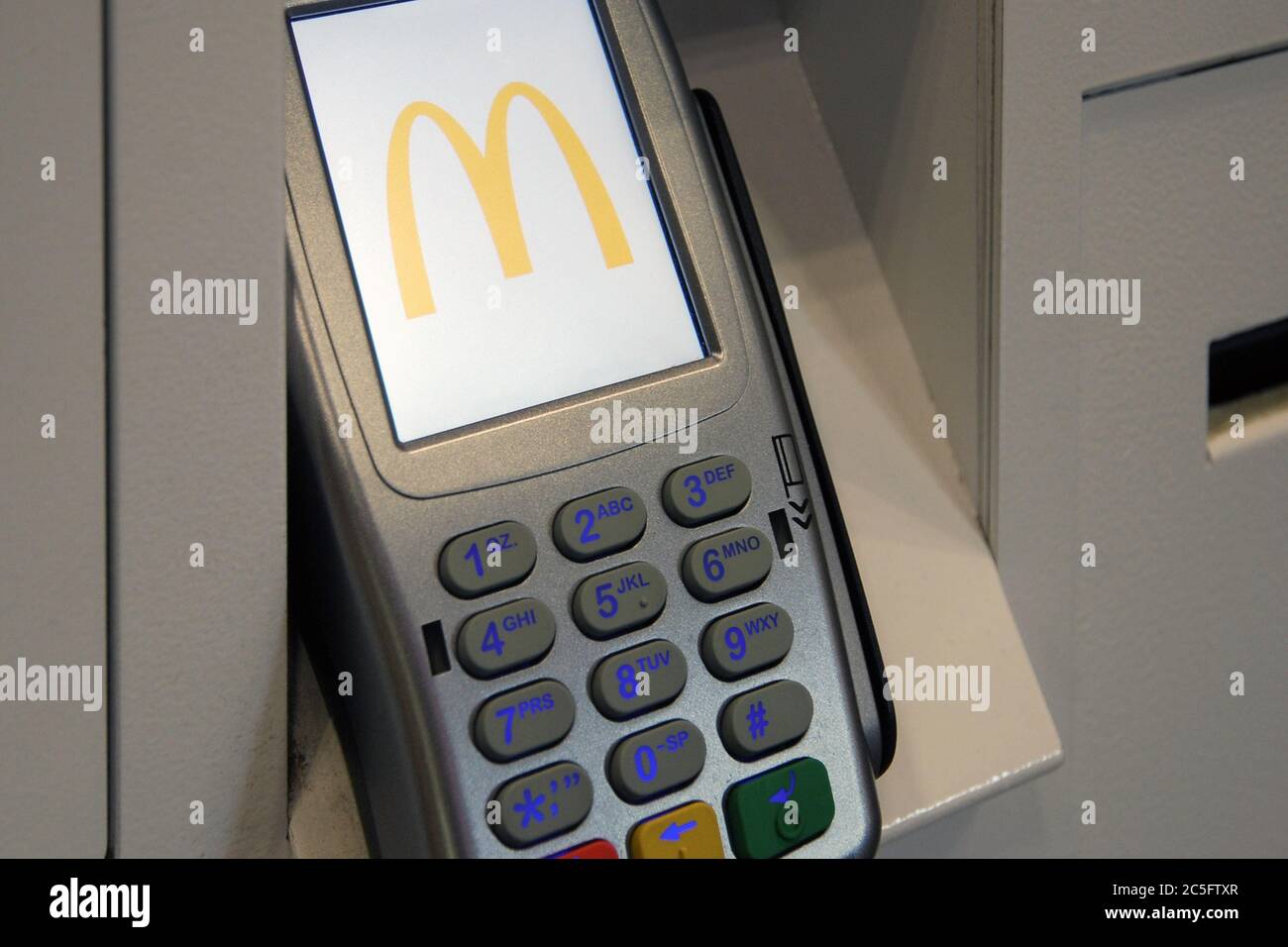 Moscow 02/09/2019 Verifone payment terminal at McDonald’s fastfood restaurant Stock Photo