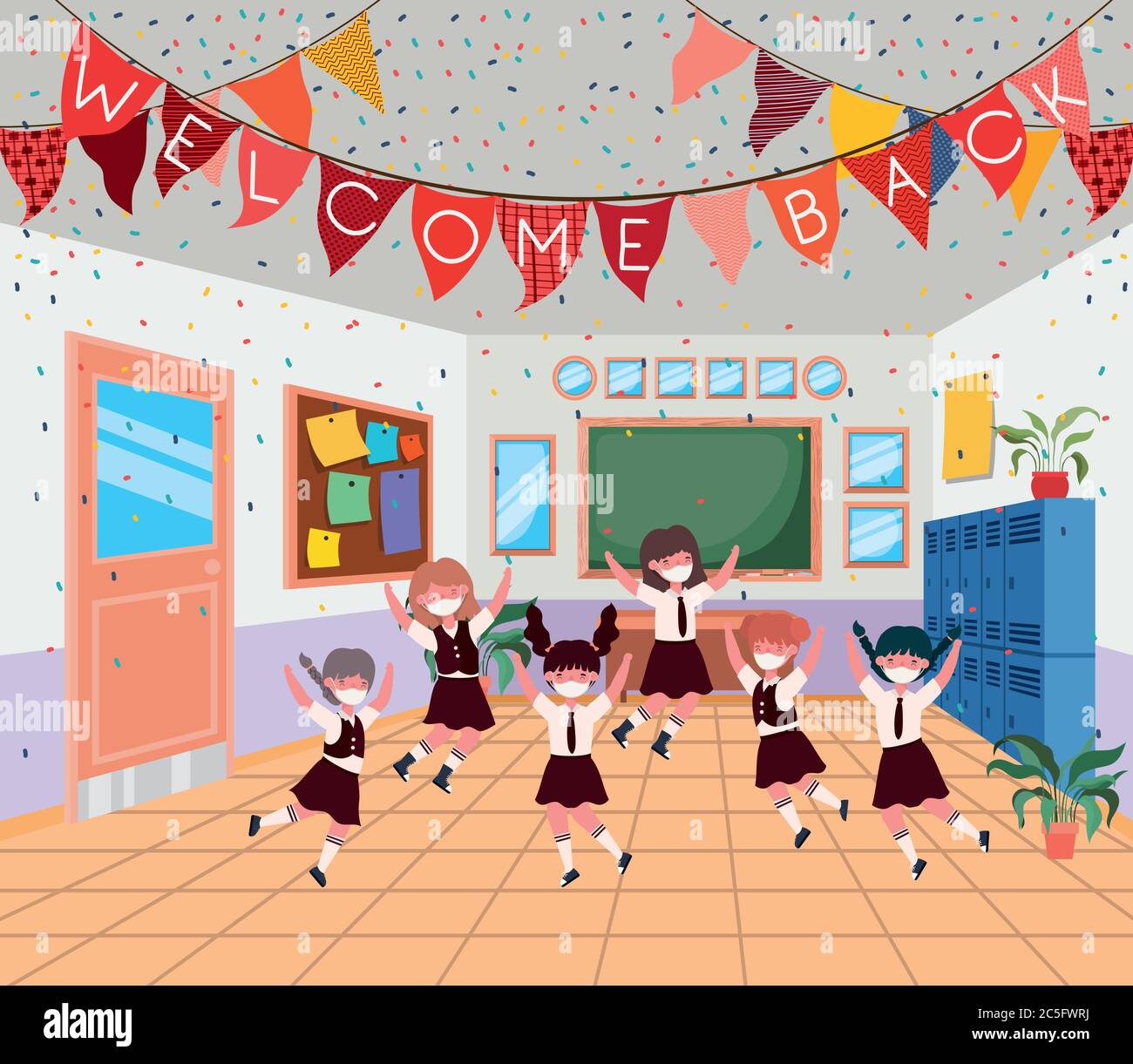 Girls kids with masks in classroom design, Back to school theme Vector ...