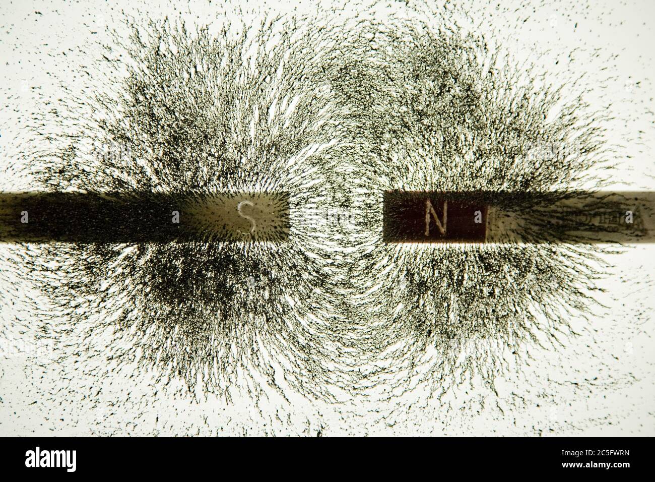 Magnets with opposite poles attract iron filings Stock Photo