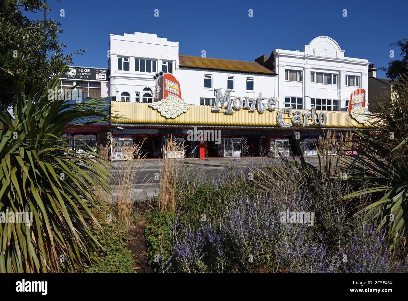 Monte Carlo amusement arcade on the Golden Mile at Southend on Sea Essex overlooks the River Thames and estuary. Stock Photo