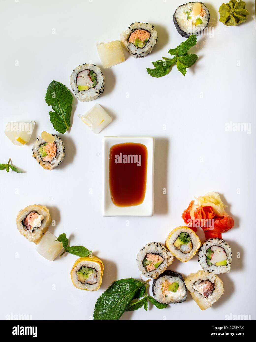 Japanese seafood sushi set isolate on white background with ice. Stock Photo