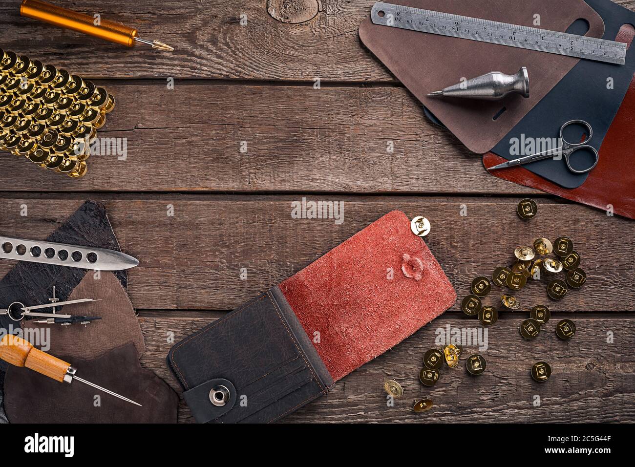 Leather Working Tools And Cutouts On Desk Craft Tanner Crafting