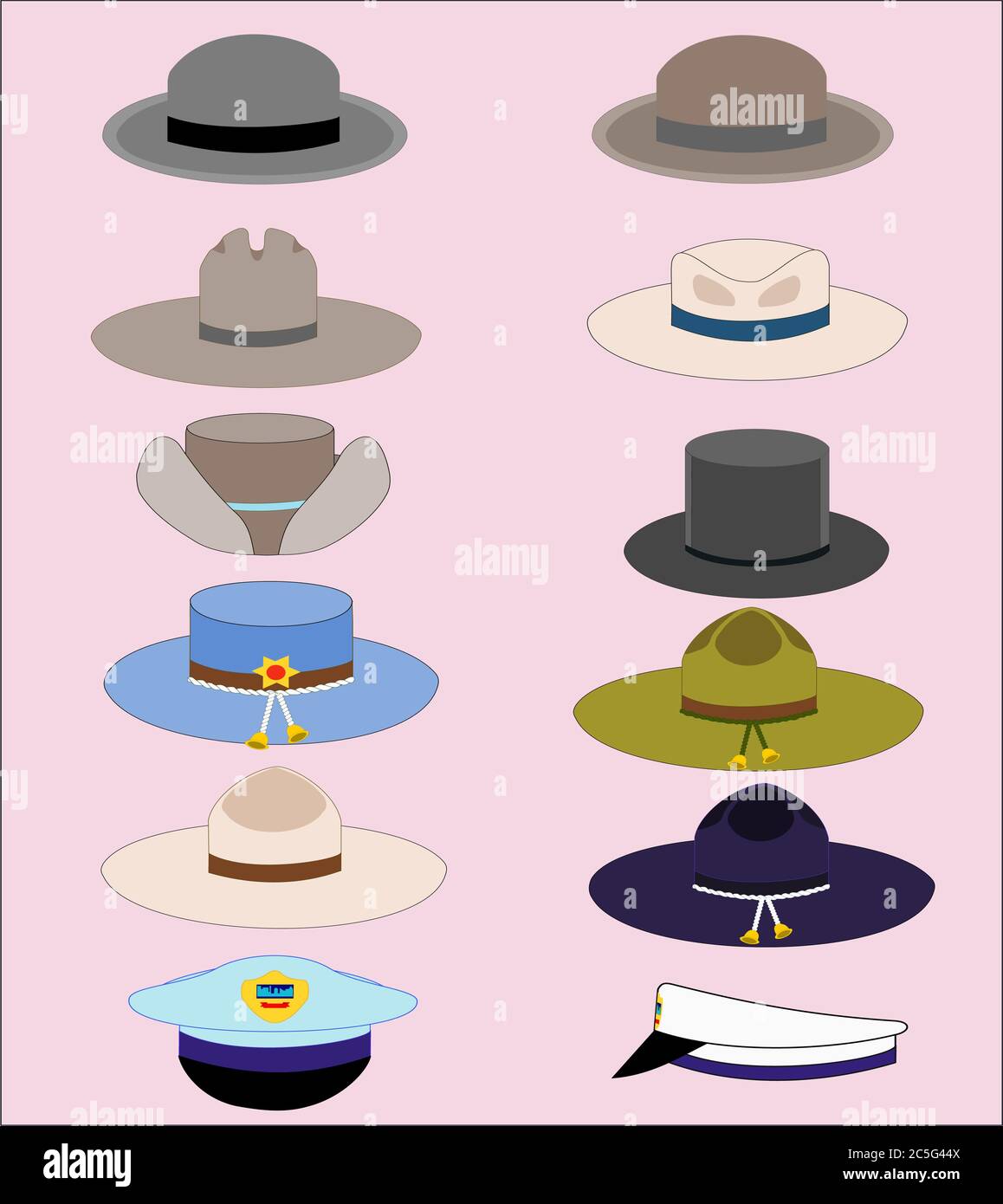 Digital illustration of twelve different hats for men, against a pink background. Stock Photo