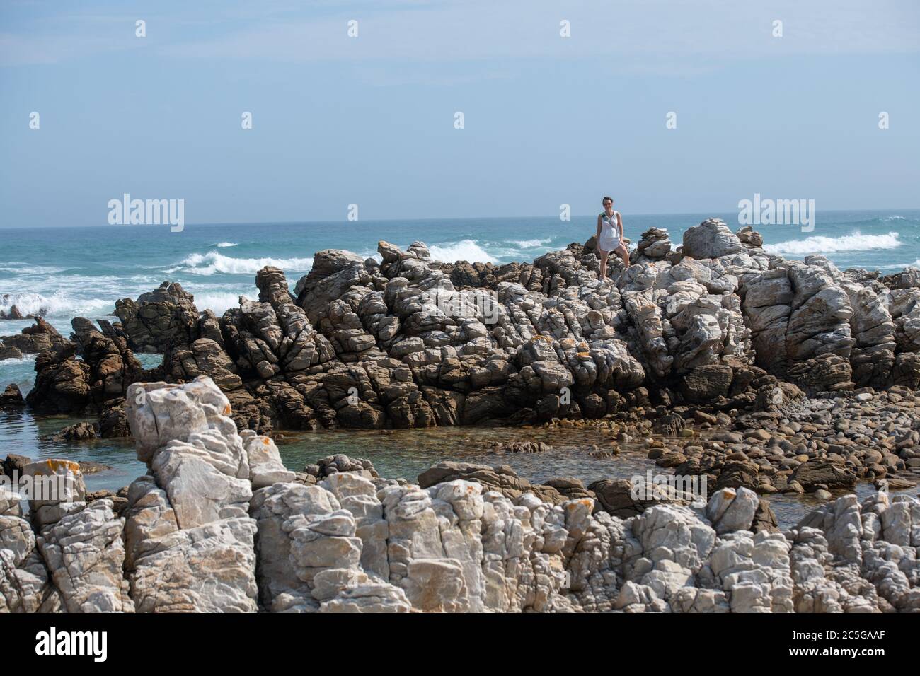Cape Agulhas, the geographic southern tip of the African continent and the beginning of the dividing line between the Atlantic and Indian Oceans, Sout Stock Photo