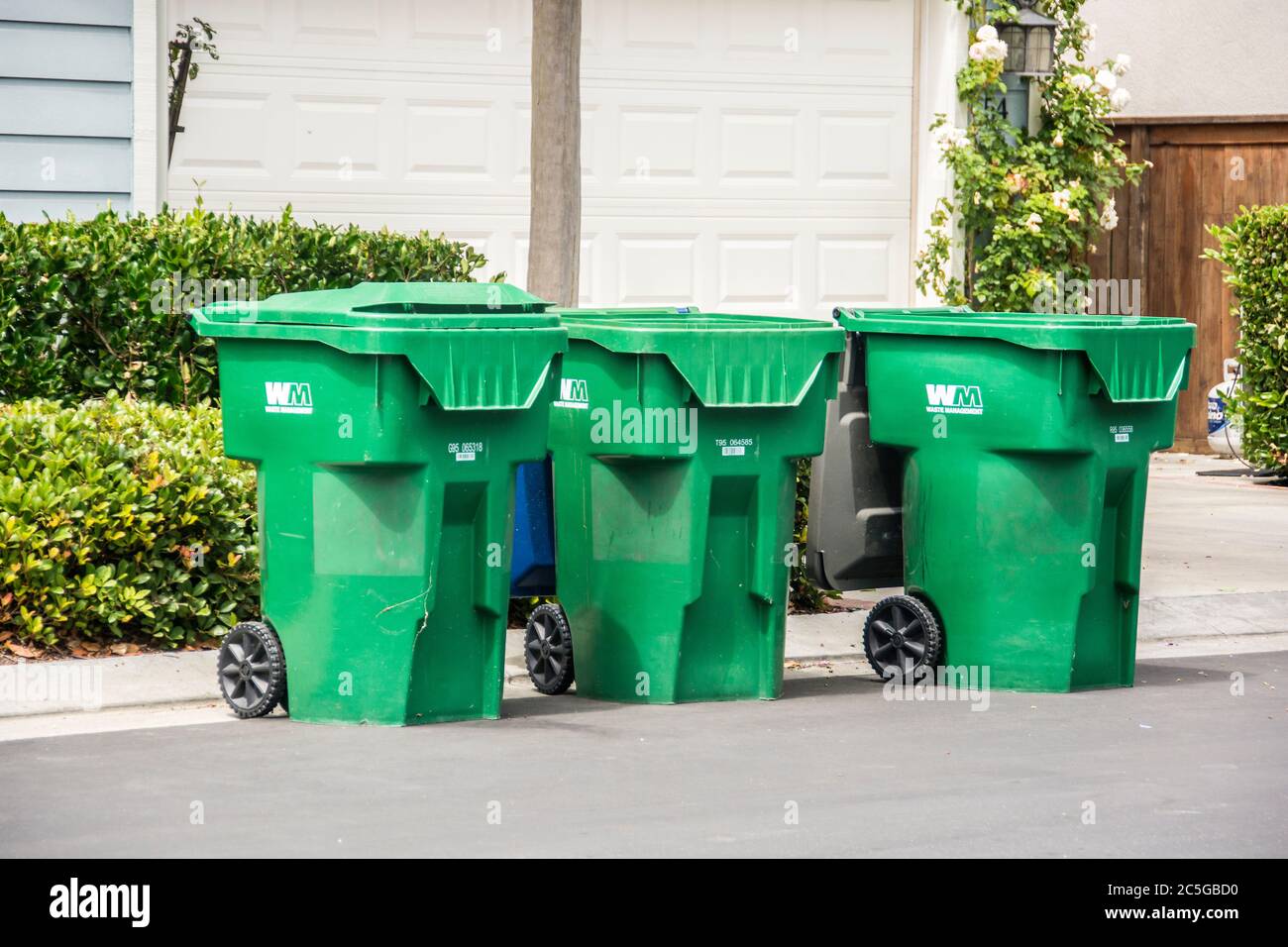 Three large trashcans used to recycle; Mission Viejo, California Stock Photo Alamy