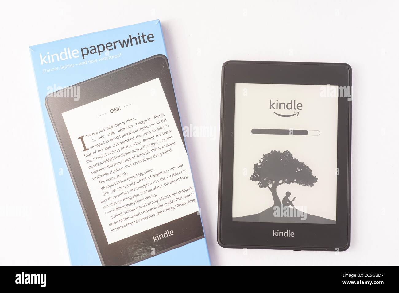 Amazon Kindle Paperwhite 2019 is Amazon e-book reader that is lightweight and waterproof Stock Photo