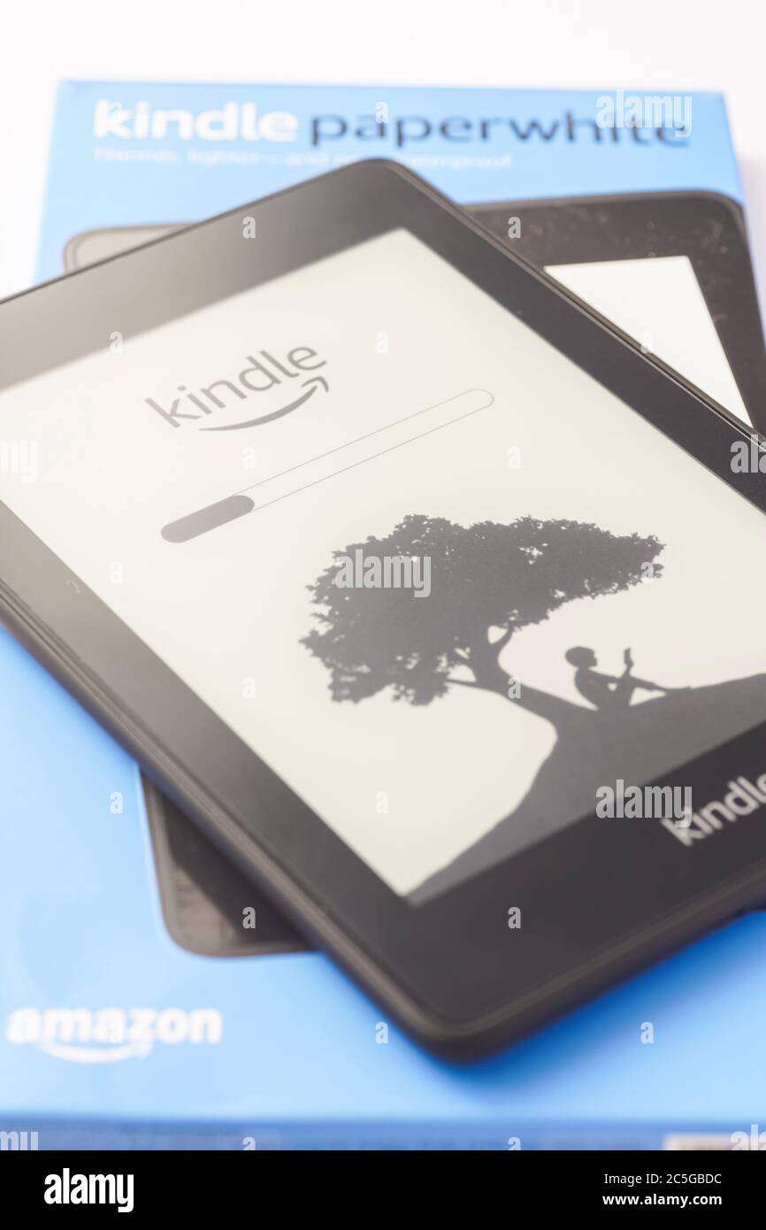 Amazon Kindle Paperwhite 2019 is Amazon e-book reader that is lightweight and waterproof Stock Photo