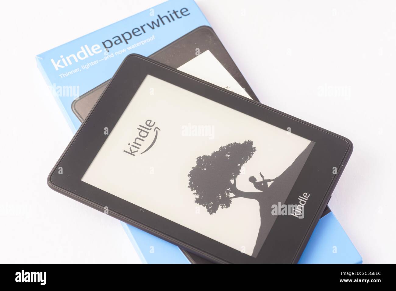 Amazon Kindle Paperwhite 2019 is Amazon e-book reader that is lightweight and waterproof Stock Photo