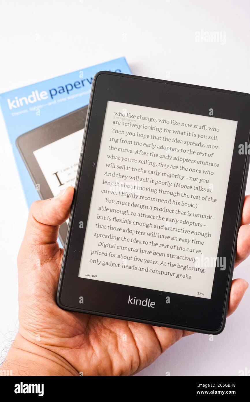Amazon Kindle Paperwhite 2019 is Amazon e-book reader that is lightweight and waterproof Stock Photo