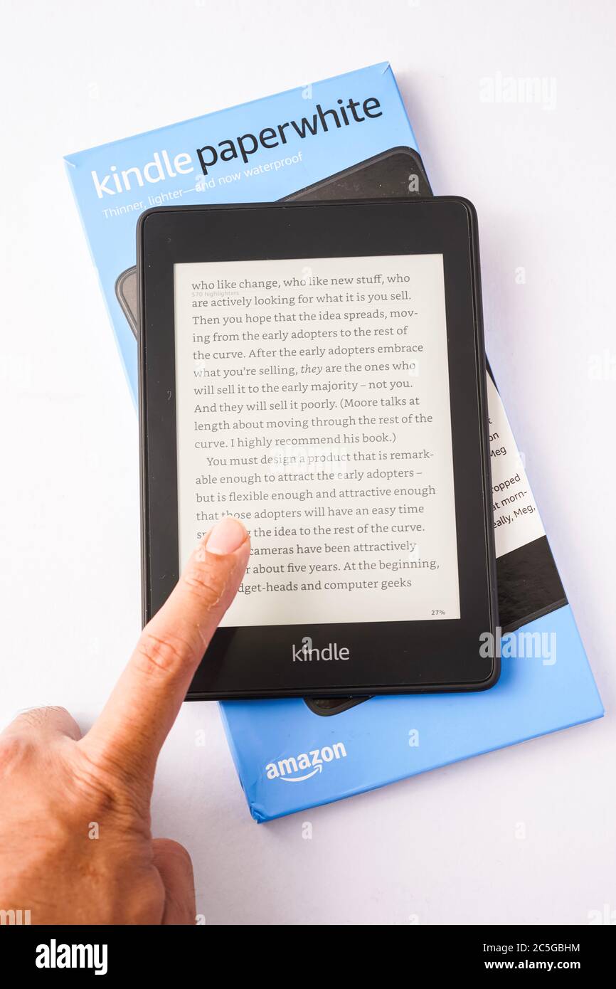 Amazon Kindle Paperwhite 2019 is Amazon e-book reader that is lightweight and waterproof Stock Photo