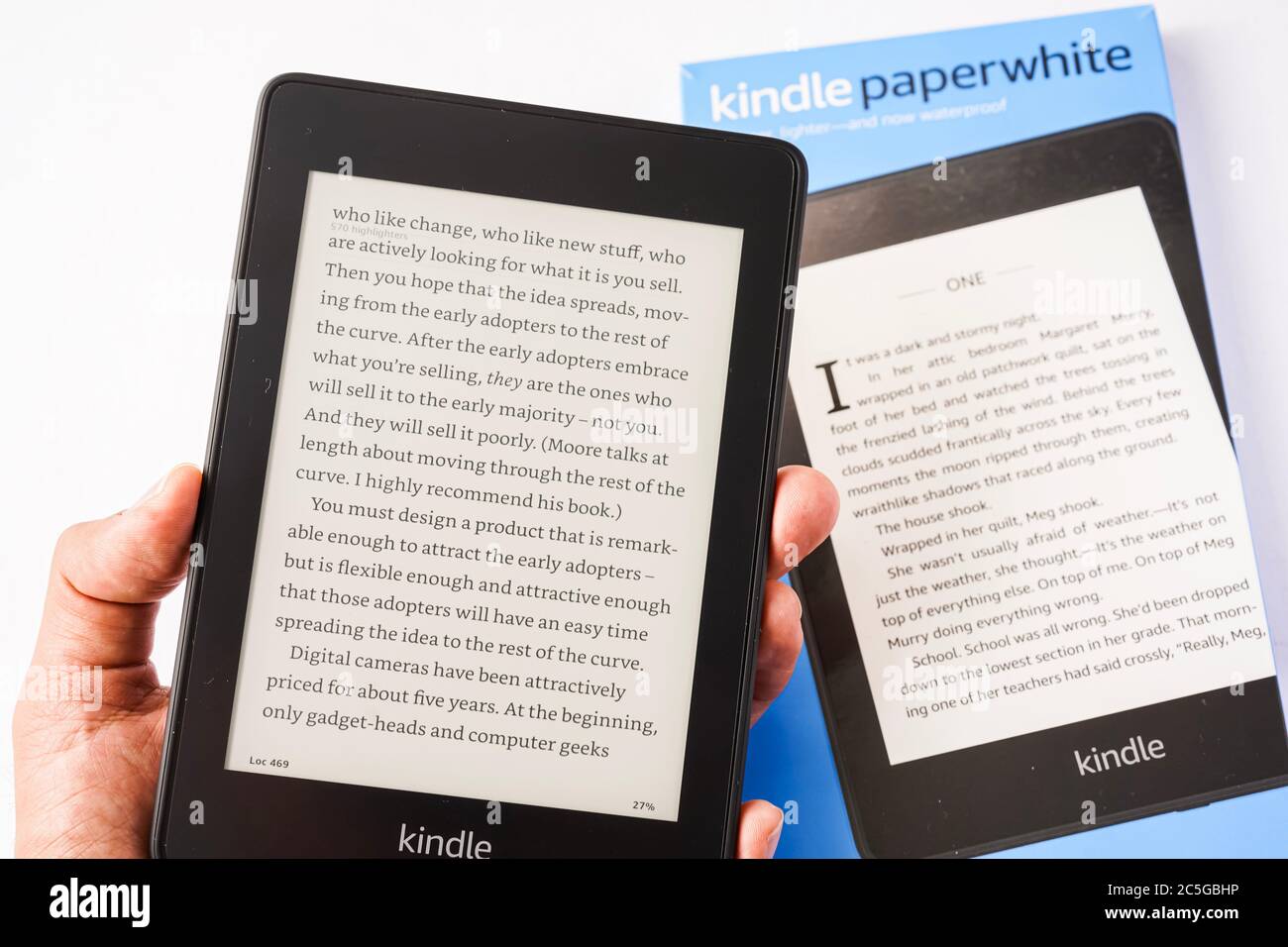 Amazon Kindle Paperwhite 2019 is Amazon e-book reader that is lightweight and waterproof Stock Photo