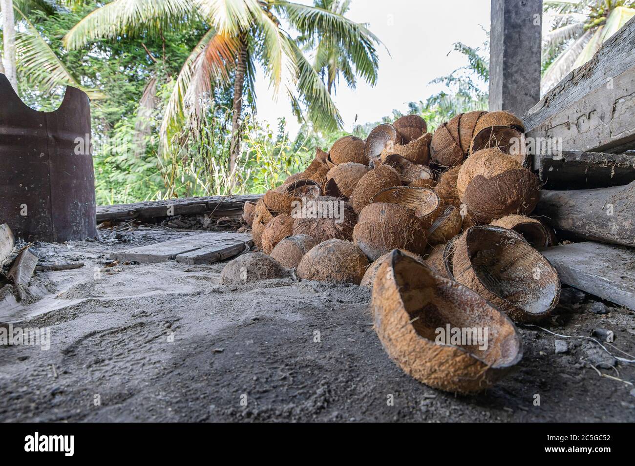Close up coconut shell for nature fuel for cooking back of home. Stock Photo