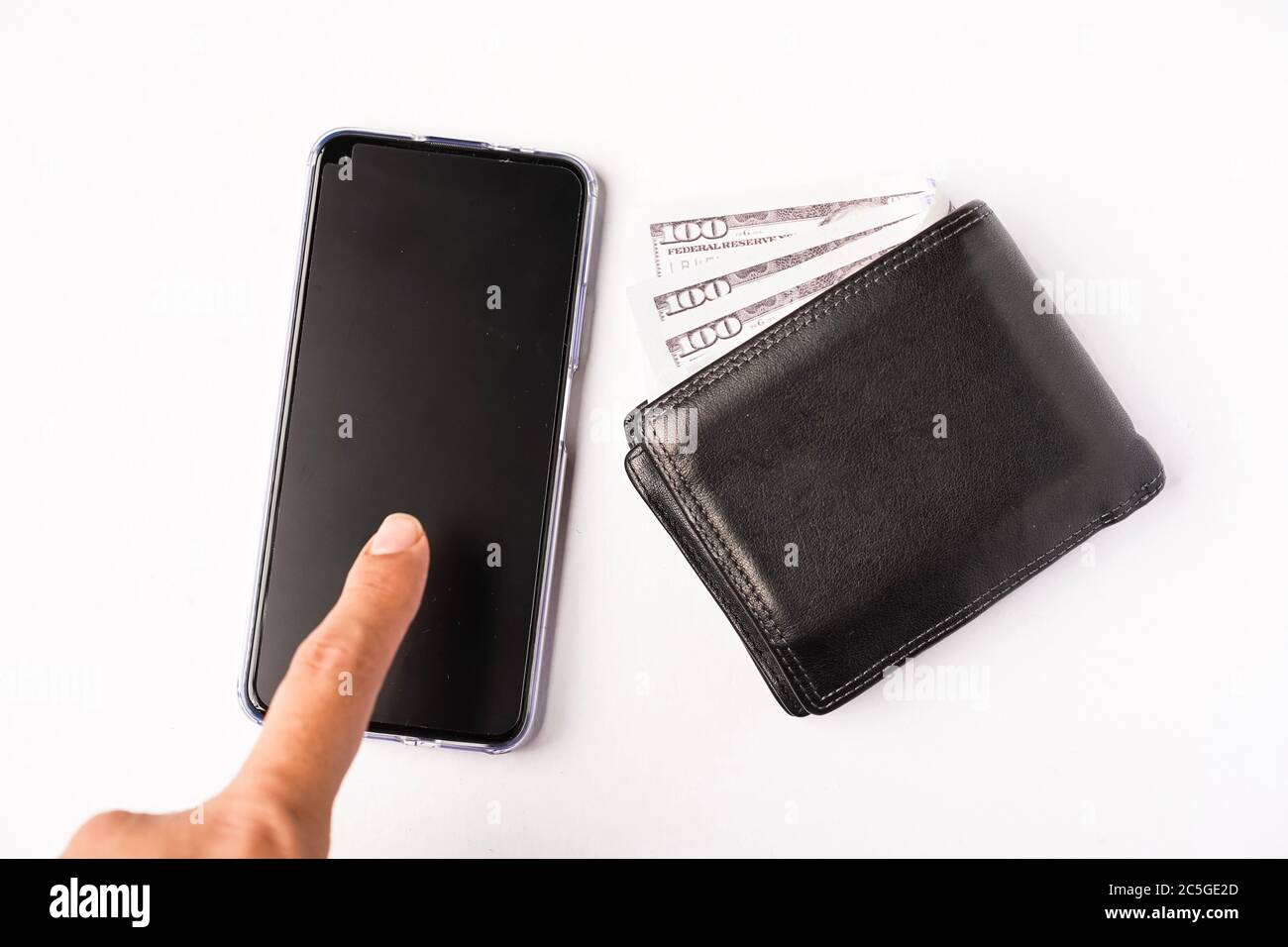 A wallet and handphone isolated on white. Concept for ewallet or