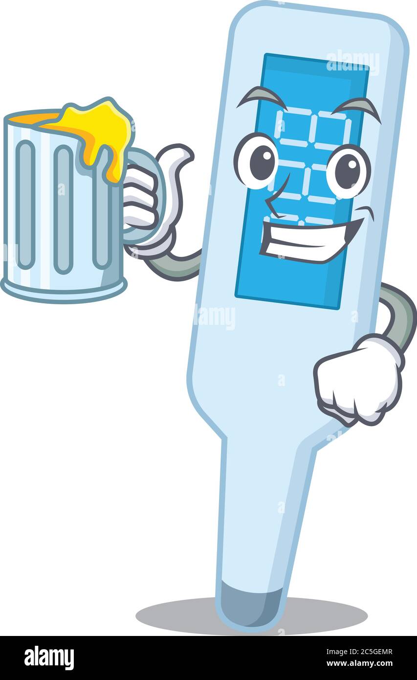 A cartoon concept of digital thermometer toast with a glass of beer ...
