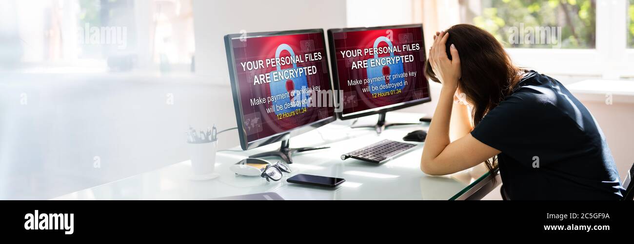 Ransomware Cyber Attack. Encrypted Files Text Screen Stock Photo
