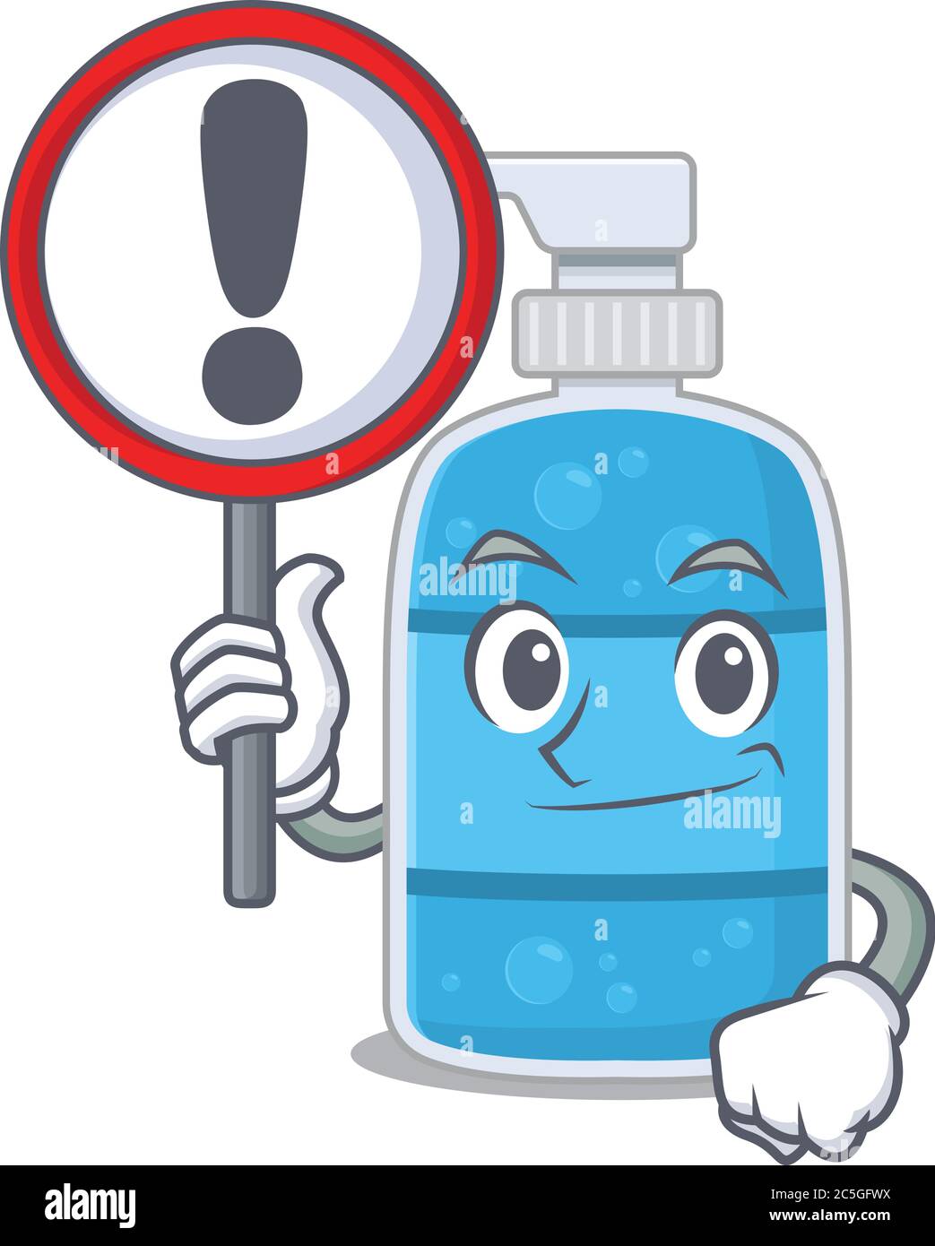 A cartoon icon of hand wash gel with a exclamation sign board Stock ...