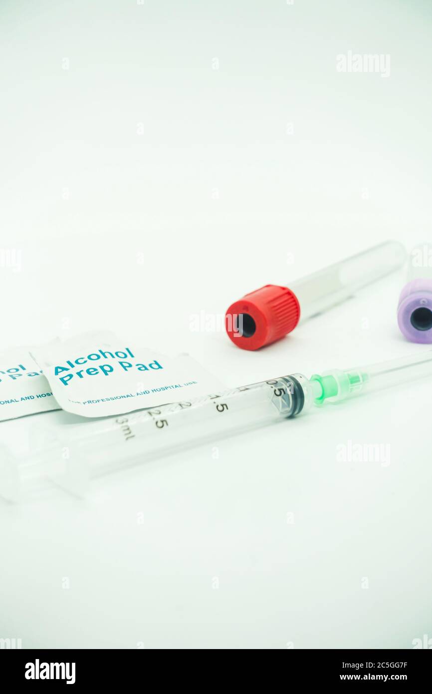 blood taking kit, empty syringe with needle, blood collection tube and