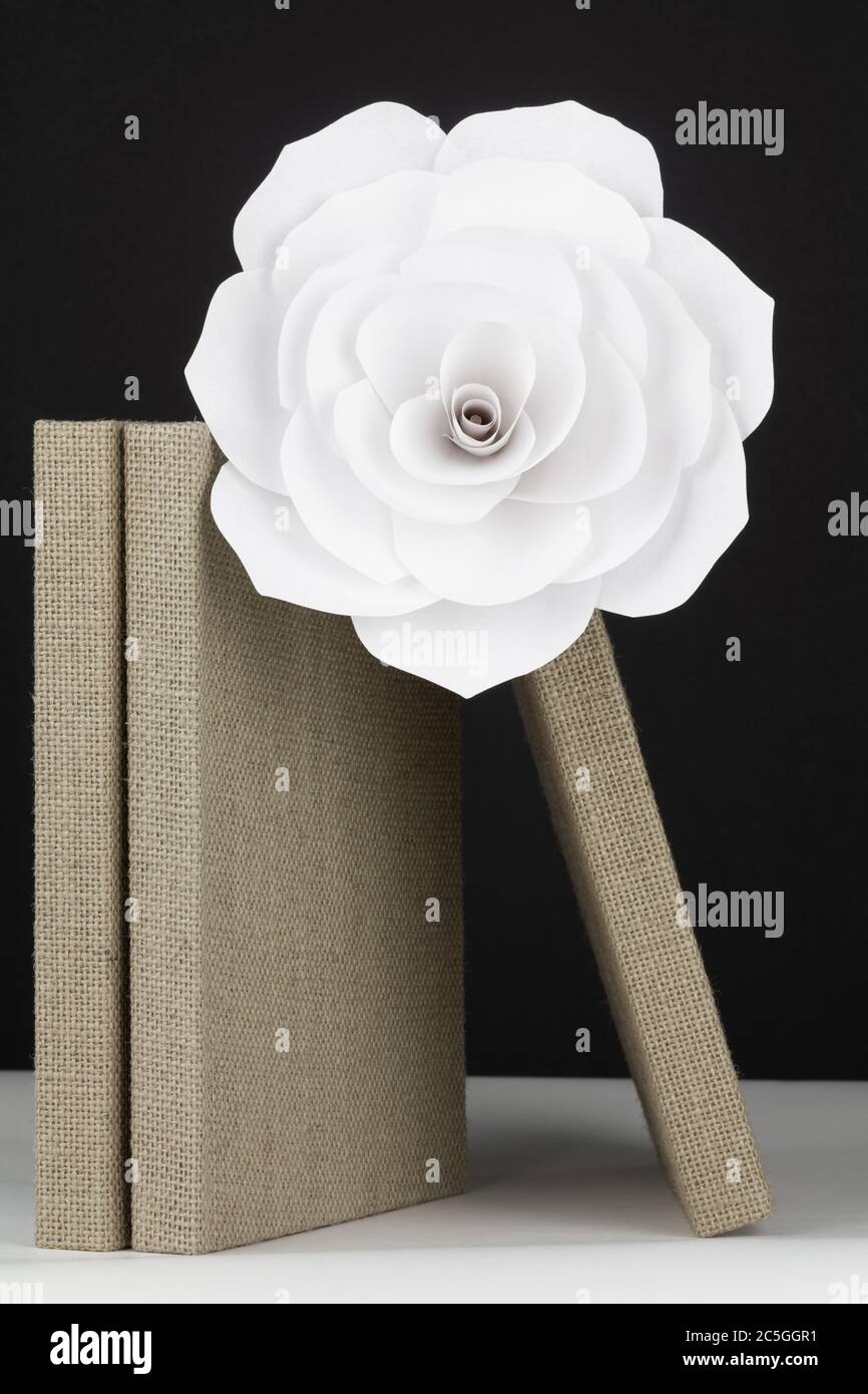 Three jute books with white paper rose and black background with copy space. Stock Photo