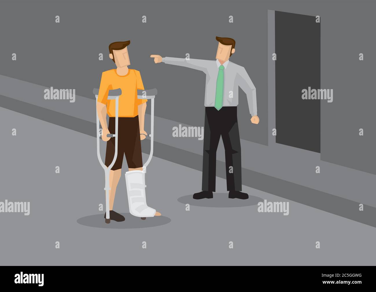 Unsympathetic employer pointing away and laying off injured employee with leg in plaster cast. Conceptual vector illustration for social issues like d Stock Vector