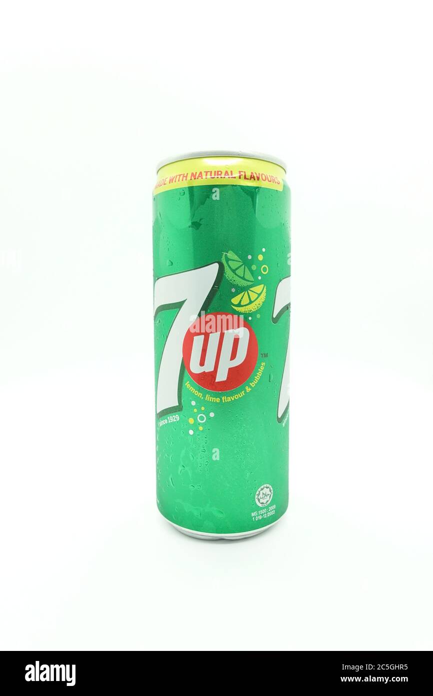 A can of 7up drink against isolated on white background, a tasty fruits flavour carbonated drink Stock Photo