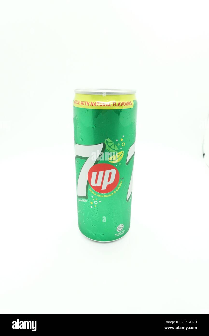 A can of 7up drink against isolated on white background, a tasty fruits flavour carbonated drink Stock Photo