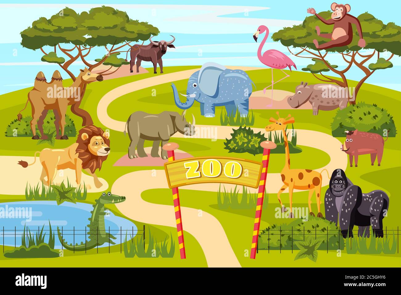 Zoo entrance gates cartoon poster with elephant giraffe lion safari animals  and visitors Stock Vector Image & Art - Alamy