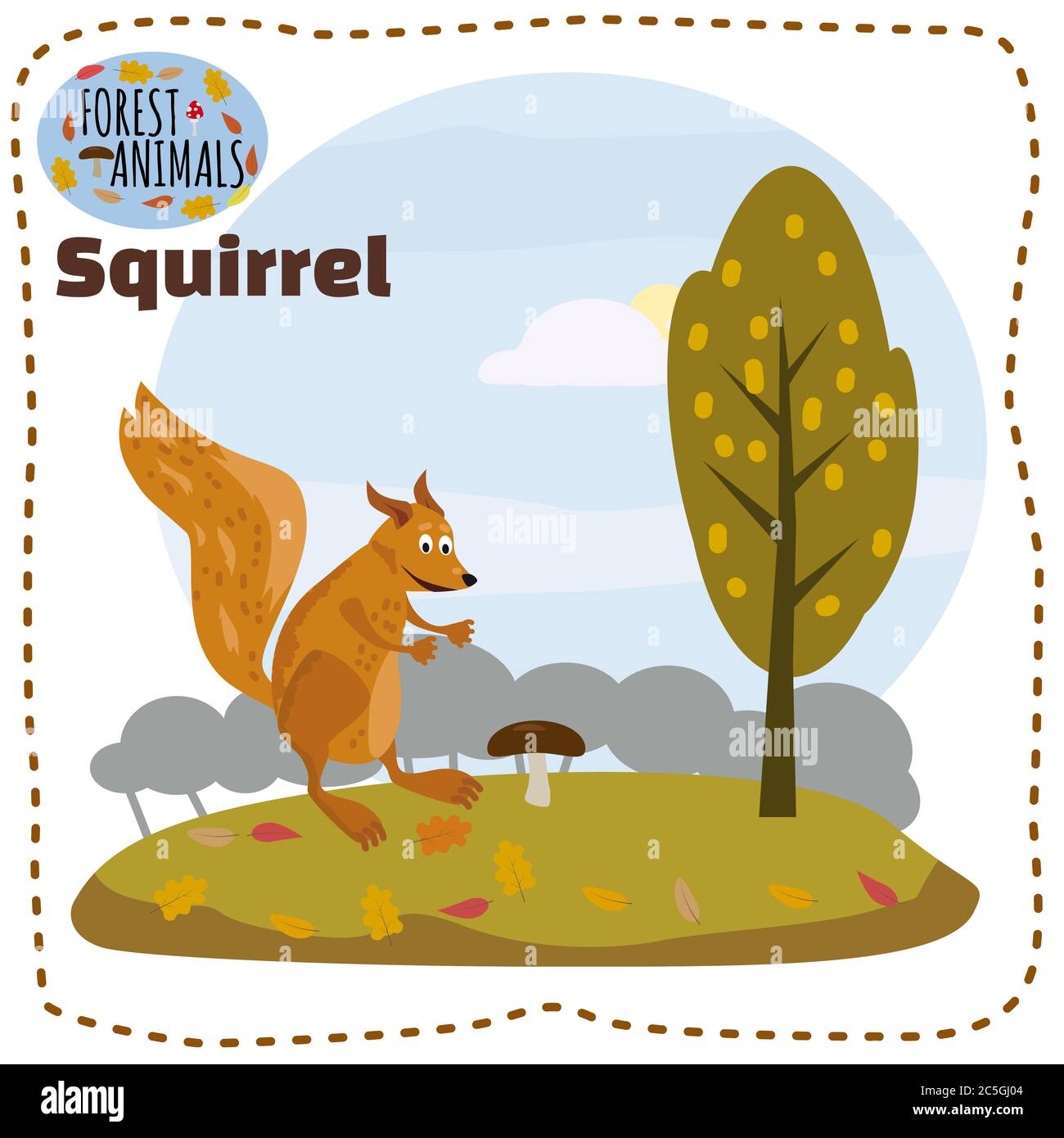 Cute cartoon squirrel on background landscape forest illustration, vector, isolated Stock Vector
