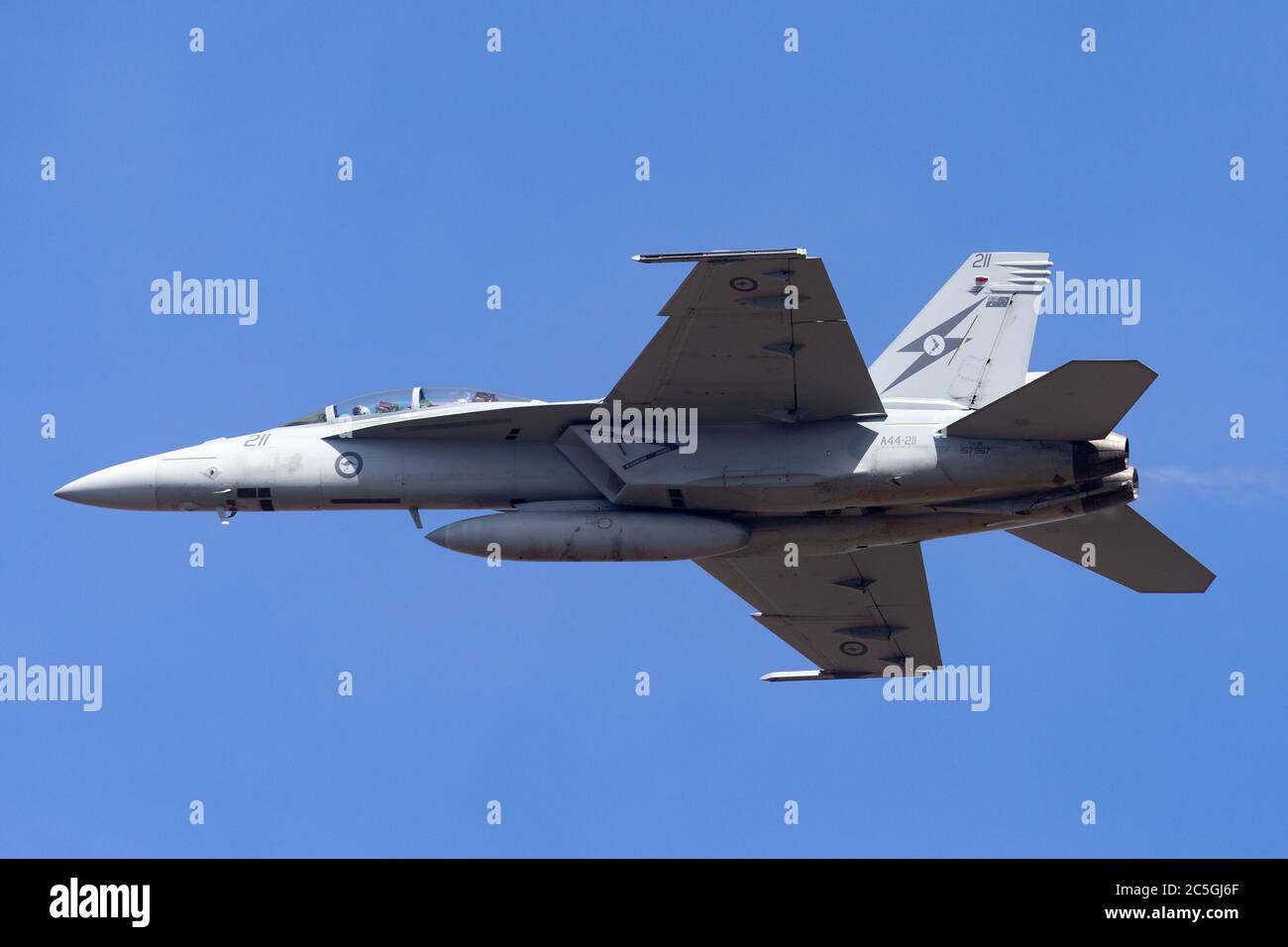 Royal Australian Air Force (RAAF) Boeing F/A-18F Super Hornet multirole fighter aircraft A44-211 from RAAF Amberley in Queensland. Stock Photo