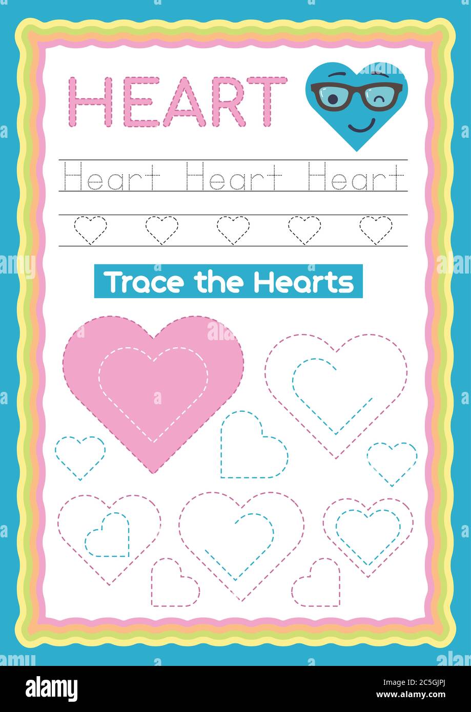 Preschool Colorful Heart Shape, Tracing and writing daily printable A4