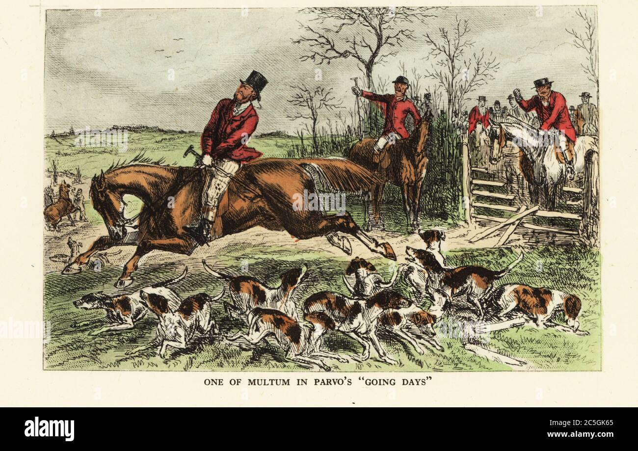 A horse bolts through a gate during a foxhunt, 19th century. Riders in hunting pinks and a pack of foxhounds watch as the huntsman tries to regain control. One of Multum in Parvo’s going days. Handcoloured steel engraving after an illustration by John Leech from Robert Smith Surtees’ Mr. Sponge’s Sporting Tour, Bradbury and Evans., London, 1853. Stock Photo