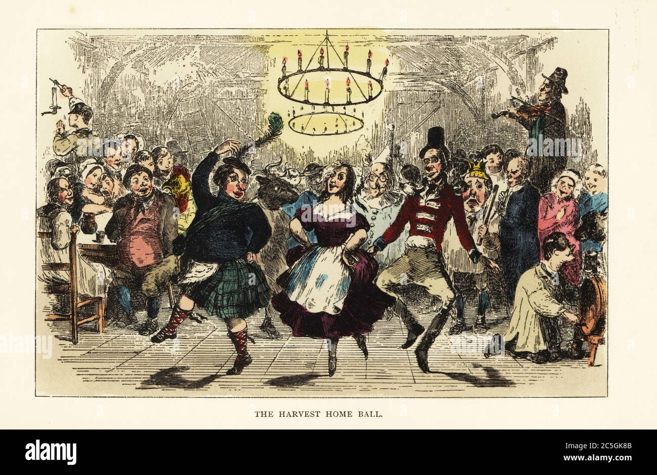 Peasants and farmers dancing at a harvest festival in a barn with rustic chandeliers, 19th century. Jorrocks as a Scotsman in a kilt, a man in a soldier’s uniform, others as clowns, cows and Humpty Dumpty. The Harvest Home Ball. Handcoloured steel engraving after an illustration by Wildrake, Heath or Jellicoe from Robert Smith Surtees’ Hillingdon Hall, or the Cockney Squire, a Tale of Country Life, John C. Nimmo., London, 1844. Stock Photo