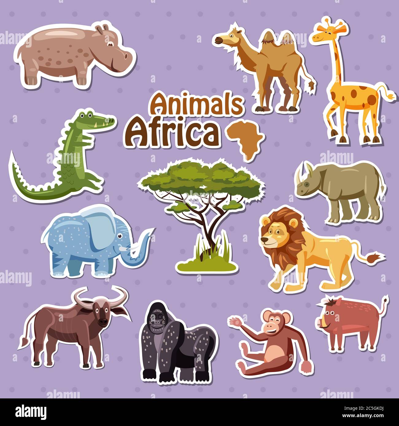 Set of cute African animals stickers, cartoon style, isolated, vector