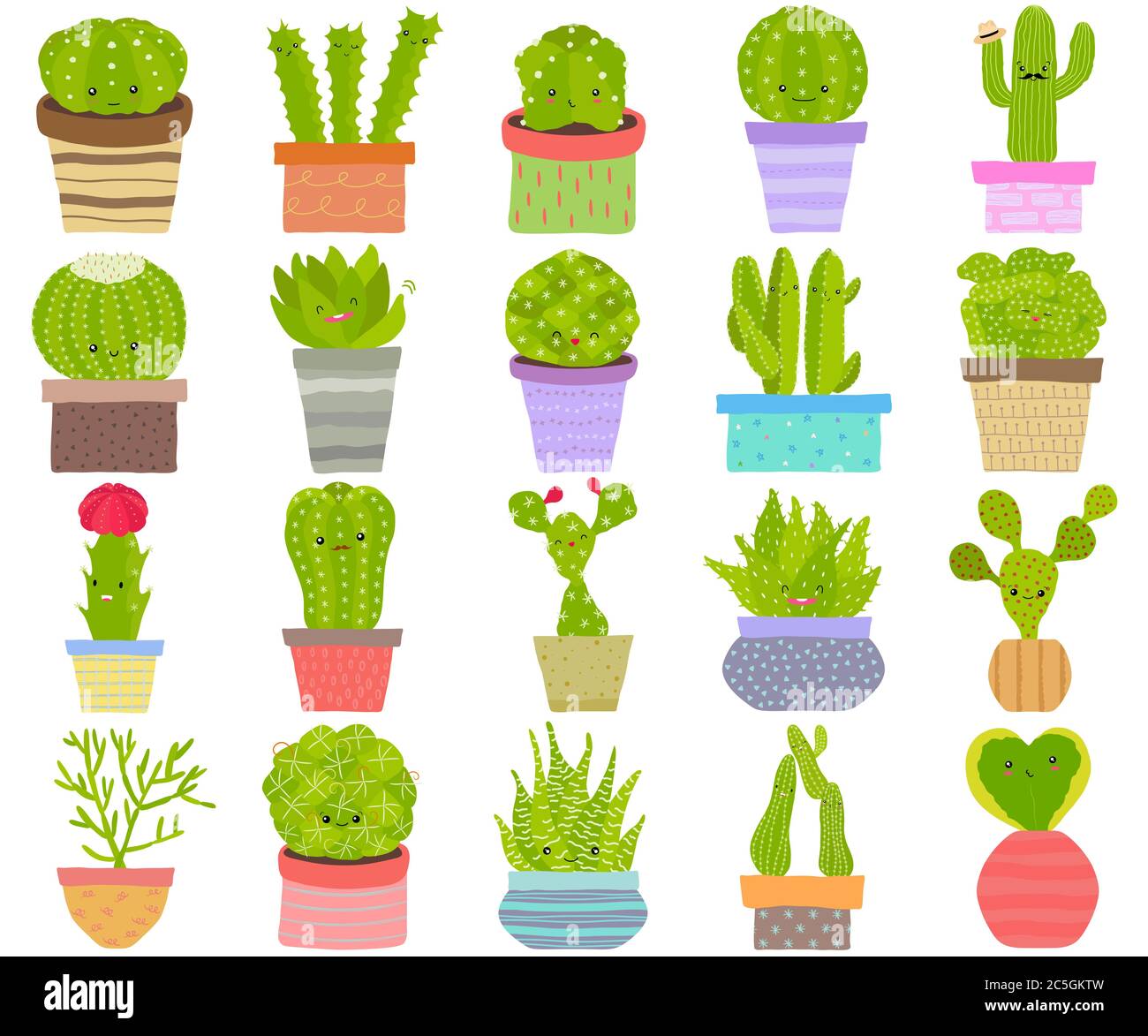 Vector set of cactus cacti aloe succulent plants with face in pot. Collection of flat styled hand drawn exotic houseplant. Cute illustration isolated Stock Vector