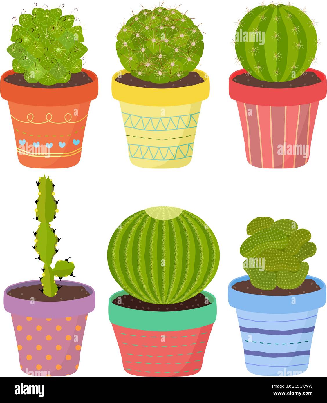 Vector set of cactus cacti aloe succulent plants in pot. Collection of flat styled hand drawn exotic houseplant. Cute illustration isolated on white. Stock Vector