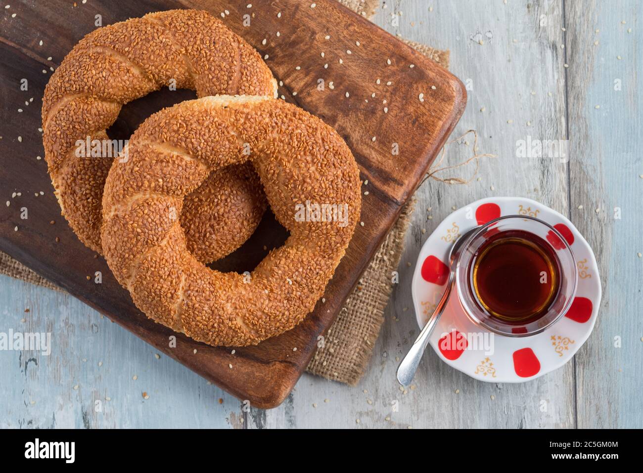 Turkish bagel, simit, and traditional turkish tea on a table Stock ...