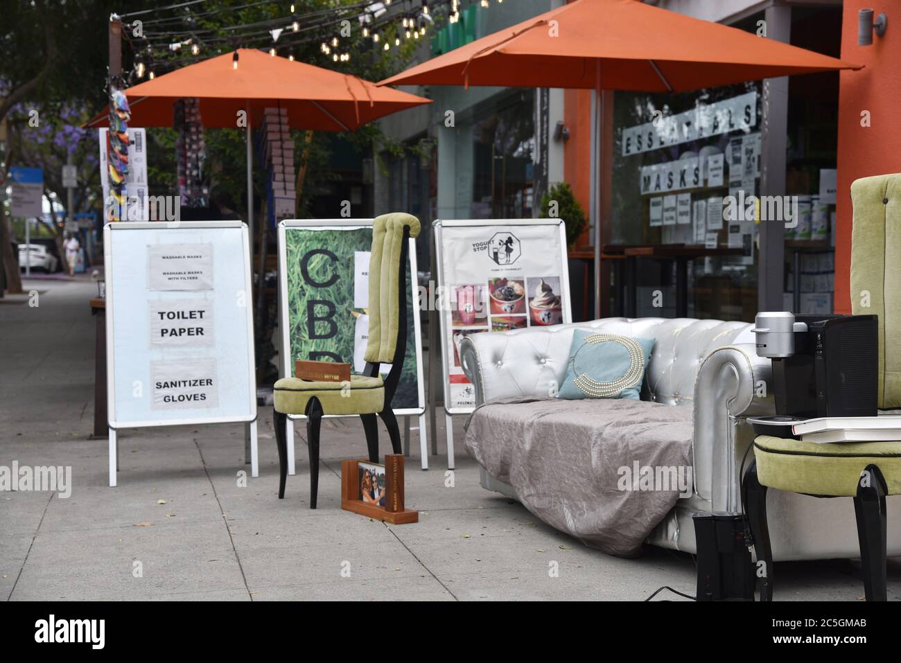 West Hollywood, CA/USA - May 29, 2020: Shop with an outside waiting area reopens on Santa Monica boulevard after a long COVID-19 quarantine Stock Photo