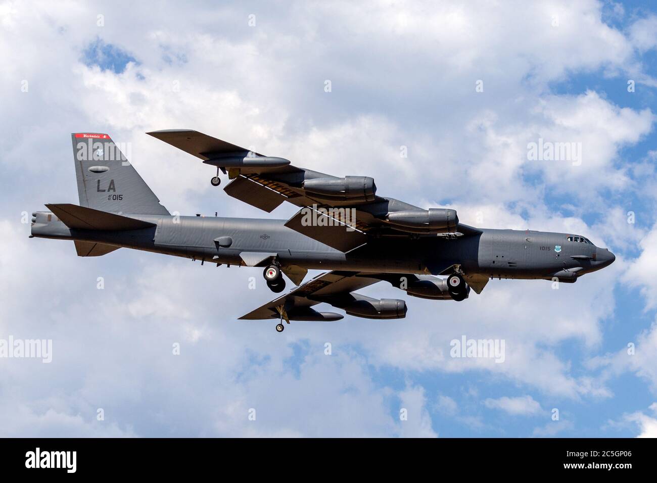 United States Air Force (USAF) Boeing B-52H Stratofortress strategic bomber aircraft (61-0015) from Barksdale Air Force Base on approach to land at Av Stock Photo