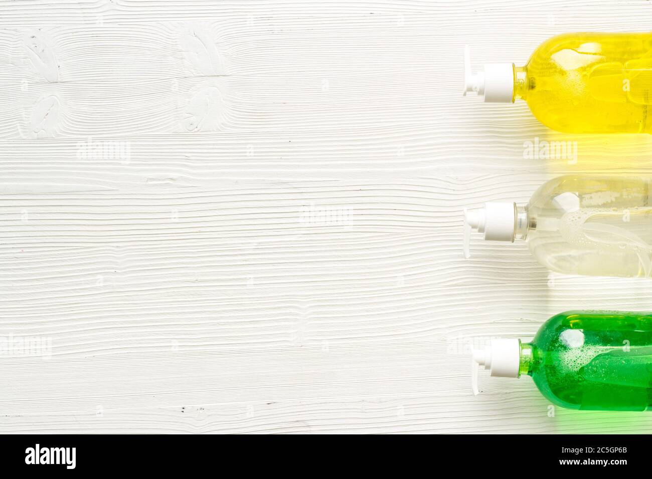 Sanitazer and soap for hands - infection disease prevention - on white table top-down space for text Stock Photo