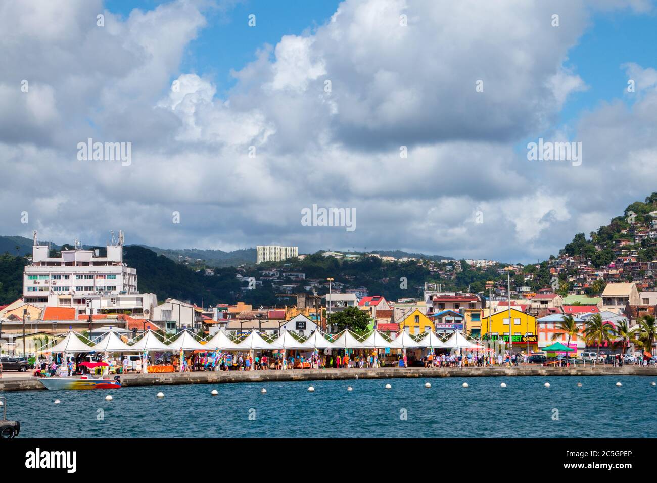 martinique,colourful buildings by the port in Martinique,Fort-de-France, View of the Town from the Harbor,martinique street Stock Photo